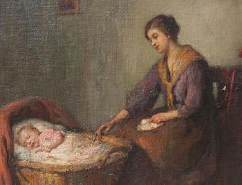 Interior Scene with Young Mother Rocking Child to Sleep in a Cradle by 
																			Charles Waltensperger