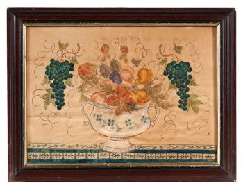 A painted urn overflowing with fruits, including pears, apples, peaches, strawberries, grapes, and a plum, the urn resting on a blue, patterned tablecloth by 
																	Lew Hudnall