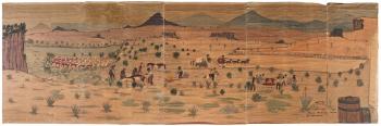 Desert scene of cattle branding, cowboys, and stage coach by 
																	 Swift Eagle