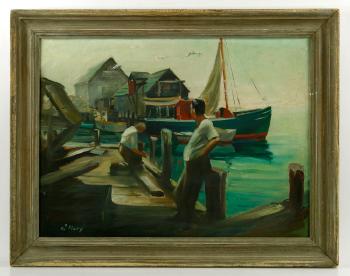 Harbor Scene with two men on dock by 
																			Richard Vanderfold Ellery