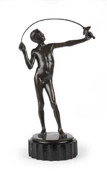 A standing nude male youth holding a fencing epee aloft over his head by 
																			Gustav Jekel
