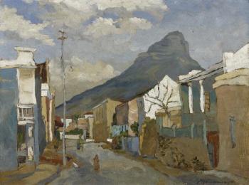 Cape street scene, lion's head in the distance by 
																	Piet Kannemeyer