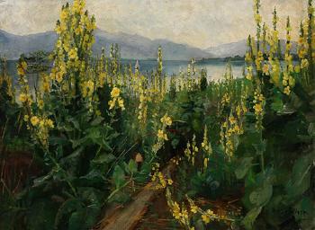 Yellow Flowers in a Mountain Landscape by 
																	Helen Iversen
