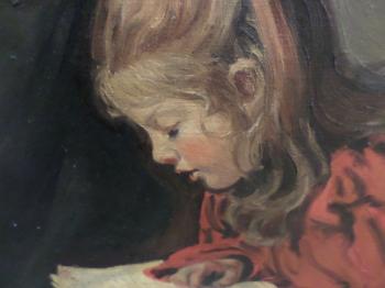 Child Reading Next to Grandmother Spinning Wool by 
																			Andre Crochepierre