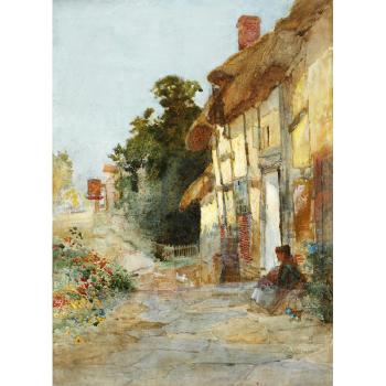A Village Street, with Woman seated before a Cottage; Maid seated before a Pool by 
																			Arthur Claude Strachan