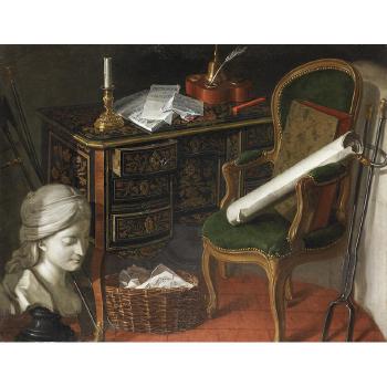 A Naturalist Manual and Objects Resting on a Table Above a Globe and Musical Instruments; and A Writing Desk with An Inkwell, a Half-burnt Candle, and Various Papers by 
																			Nicolas Henry Jeaurat de Bertry