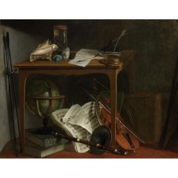A Naturalist Manual and Objects Resting on a Table Above a Globe and Musical Instruments; and A Writing Desk with An Inkwell, a Half-burnt Candle, and Various Papers by 
																			Nicolas Henry Jeaurat de Bertry