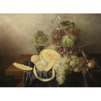 A Split Melon, Lemon, Grapes, Figs and Other Fruit on a Draped Table-top by 
																	Thomas Paep