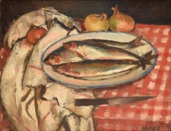 Assiette de poissons sur la nappe à carreaux by 
																	Georges Emile Capon