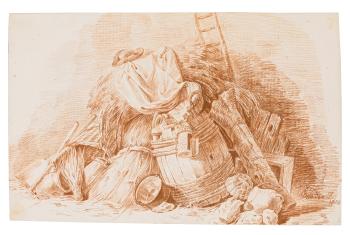 Still Life of A Haystack, with A Barrel and Lantern by 
																	Johan Michael Baader