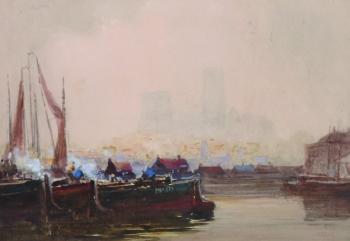 Study – Lincoln Cathedral, a River Scene with Boats, and the Lincoln Cathedral in the Distance by 
																			Charles E Hannaford