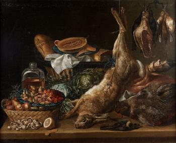 Fruits, légumes, lièvre et hure de sanglier sur une tableau by 
																	Anton Friedrich Harms