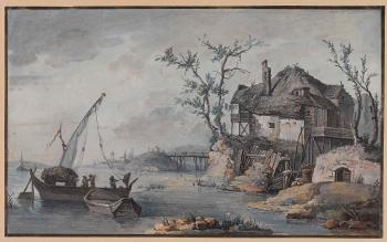Flussufer mit Fischerbooten und Bauernhaus by 
																	Nicolas Henry Jeaurat de Bertry