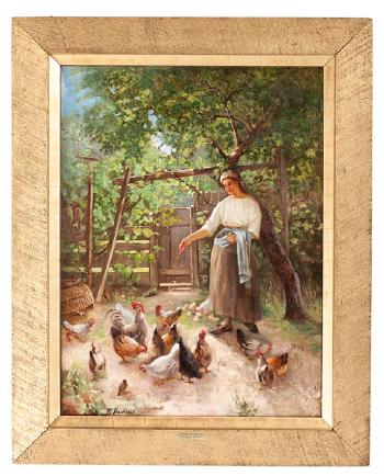 Woman feeding chickens by 
																			Margaret Rudisill
