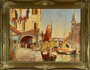 Belebte sommerliche Szene an einem Kanal in Venedig by 
																	Hans Happ