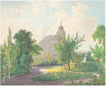 Blick auf die Kirche St. Jakob in Penzing in Wien, vom gräflich Schladen'schen Garten. Blick auf Karlsbad by 
																	Edouard Gurk