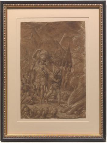A military encampment with a soldier giving a prisoner of war his obe by 
																			Orazio Samacchini