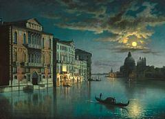 Moonlight night at Canal Grande in Venice with a view to Palace Cavalli Franchetti, Palace Barbaro and the Church of Santa Maria della Salute by 
																	N Jash