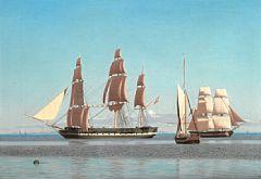 Quiet day at sea with frigate, yacht and brig by 
																	Julius Prommel