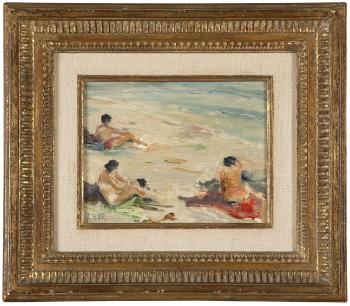 Beach scene with figures by 
																			Jacques Favre de Thierrens