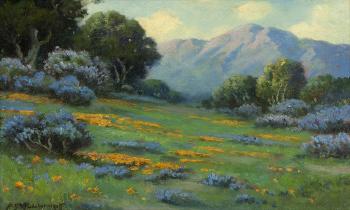 Mountain landscape with poppies and lupine by 
																			Alexis Angelo Podchernikoff