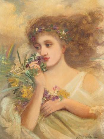 Spring holding flowers by 
																	Thomas Benjamin Kennington