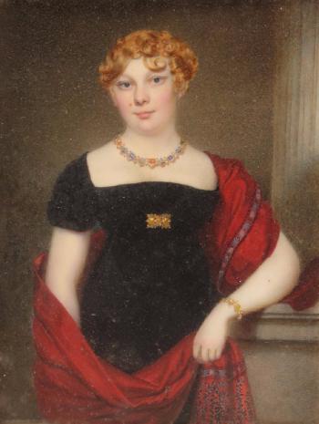 Lady Denys, wife of Sir George Denys 1st Bart. (1788-1857), three quarter length standing, wearing a red shawl by 
																	Charles Jagger