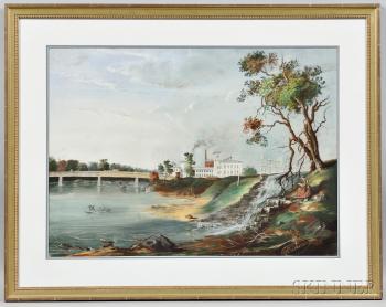 View of a Gothic Revival Mill and Stone Pillar Bridge by 
																	John B Bachelder