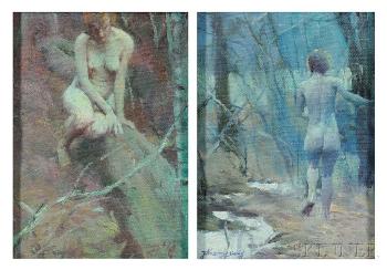 Two Works: Nude Walking Away; and Nude Seated on a Log by 
																			 Zhang Hongnian
