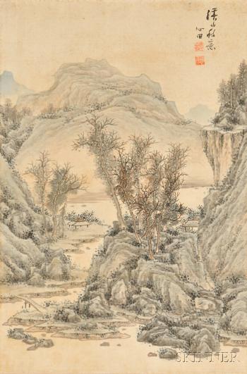 Landscape, with craggy mountains stretching along a river, a bridge, and pavilions by 
																	An Jungsik
