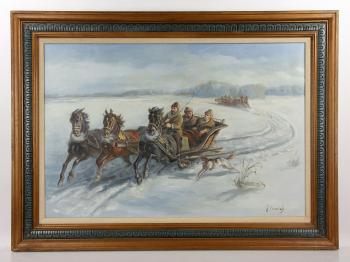 Three-horse sleigh in winter by 
																			Jaroslav Kamich