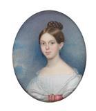 A portrait of a young woman with her plait pinned up, seated against a cloudy background by 
																	Franz Xaver Fahrlander