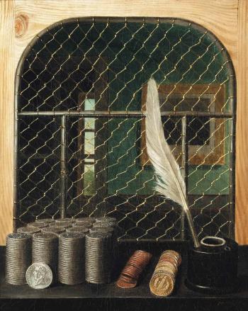 A trompe l'oeil bank interior with coins and inkwell by 
																	Gabriele Germain Joncherie