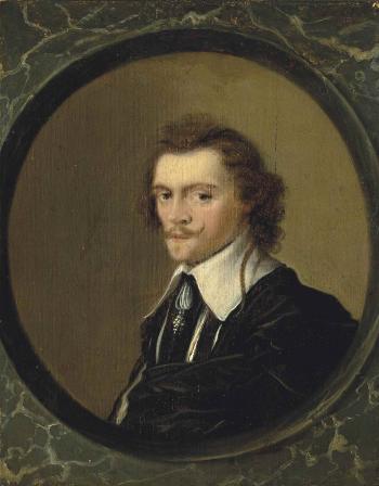 Portrait of a man, half-length, in a black robe and white collar, in a sculpted marble oval by 
																	Hendrick Gerritsz Pot