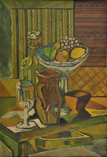 Still life of fruit in a bowl, pitcher, glass and decanter on a table by 
																	 Xam