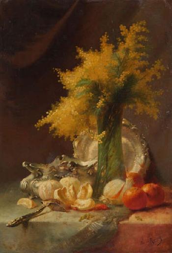 Still life with mimosa, oranges and silverware by 
																	Edward van Ryswyck