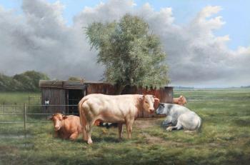 Cows near the stable in a vast landscape by 
																	Hilaire Bals