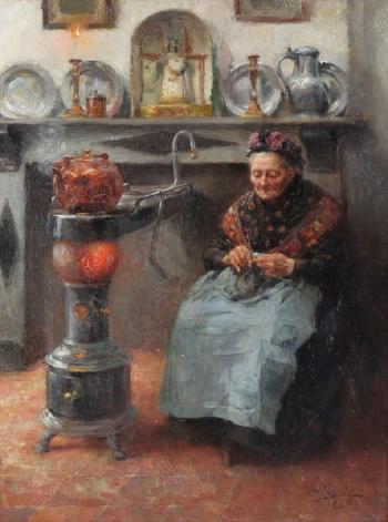 Old lady near the stove by 
																	Adrien Jean Madiol