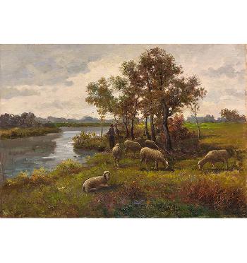 Flusslandschaft mit Hirte und Schafherde by 
																	Carlo Costantino Tagliabue