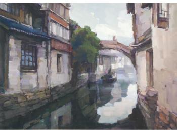 Canal scene in a city with figures and small boat by 
																	 Hai Lin Guo