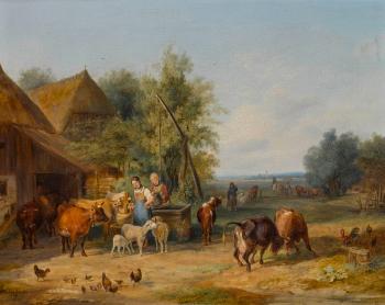 Zwei Mägde mit Vieh am Brunnen vor dem Bauernhaus by 
																	Sebastian Habenschaden