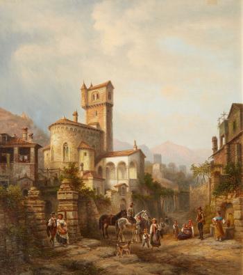 View of a Small Town with a Romanesque Church by 
																	Henry Jaeckel