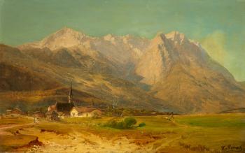 Alpine Landscape with a Village by 
																	Julius Rollmann
