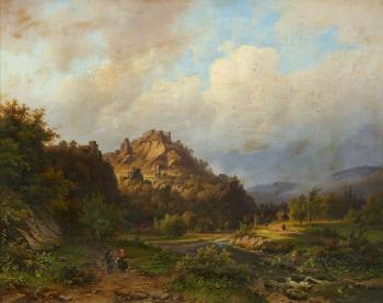 Mountainous Landscape with a River and Figures by 
																	Alexander Joseph Daiwaille