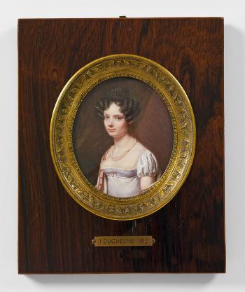A portrait miniature of a young lady in a cashmere stole by 
																	Jean Baptiste Joseph Duchesne de Gisors