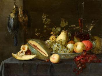 Still life with fruit and birds by 
																	Pieter van Overschie