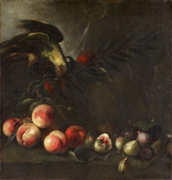 Still life with a parrot, peaches and figs in a landscape; Still life with a parrot, plums, figs and quinces in a landscape by 
																			 Pseudo Fardella