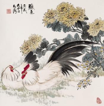 Rooster and hen below chrysanthemums by 
																	 Gao Songtao