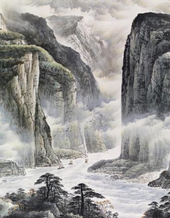 A gorge with waterfall by 
																			 Xu Dahuzi