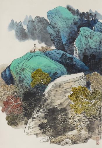 A scholar in a blue and green landscape by 
																	 Xu Yisheng